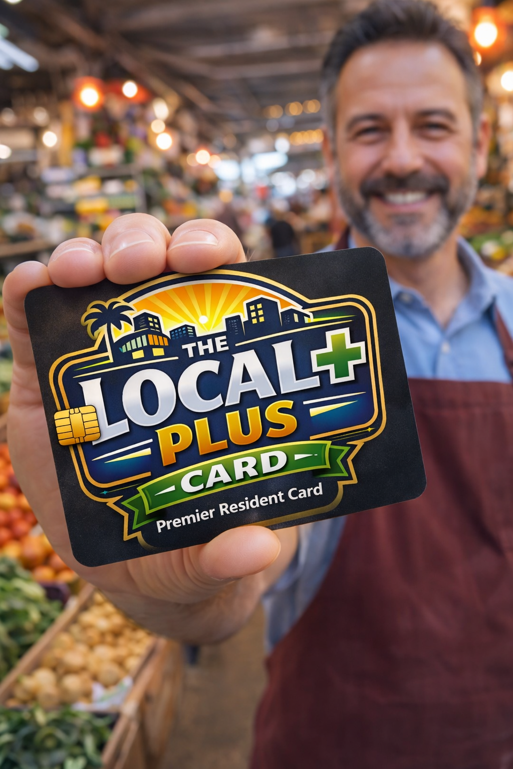 Homeowner proudly displaying a Local Card at a bustling farmers market