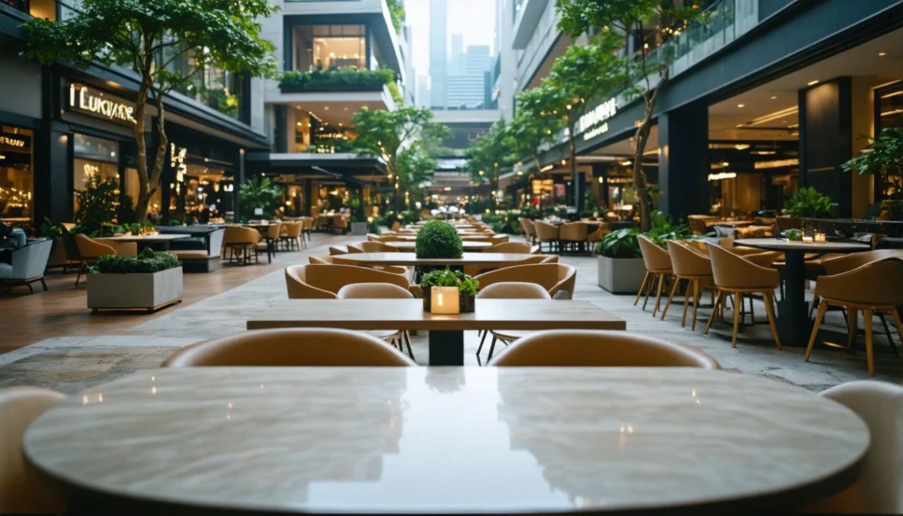 Open-air restaurant setting illustrating dining and shopping locally