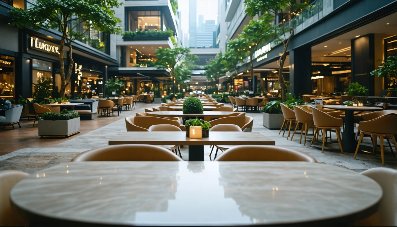 Luxury condos above a high-end outdoor restaurant in blue and teal hues